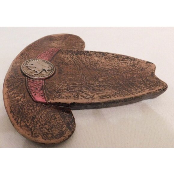 Ceramic Cowboy Hat Shaped Decorative Trinket Plate With Horse Emblem & Pink Band - Picture 5 of 8